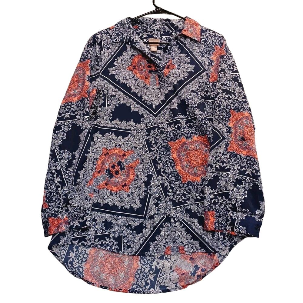 Chicos Top Womans 2 Lg Blue Floral Roll Tab Sleeve V Neck Pullover Blouse Boho